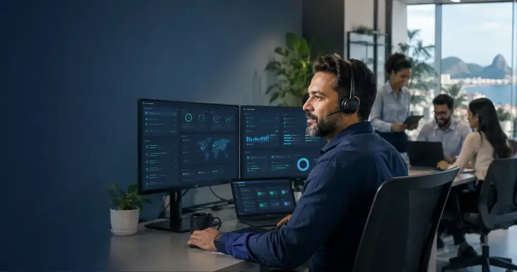 Profissional de TI monitorando computadores e servidores remotamente em uma central de gerenciamento